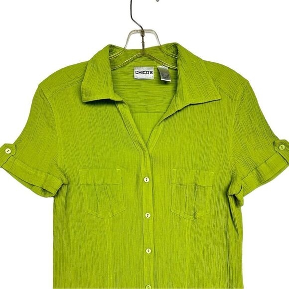 Chicoswomans  100% Cottpn Green Button Up gause material Top  Sz 2 like new - Picture 4 of 7